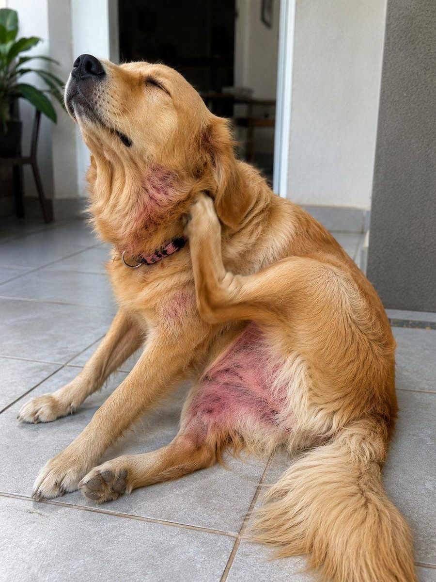 Cachorro se coçando com a pata traseira