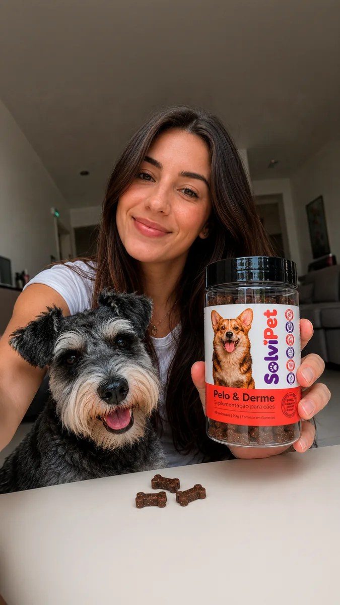 Dra. Maitê, médica veterinária, com um schnauzer e o pote de SolviPet