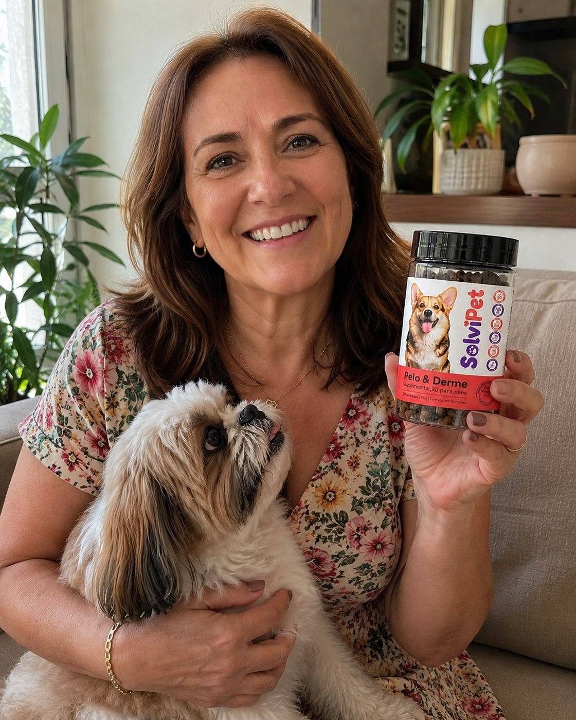Tutora sorrindo com o shih-tzu no colo, segurando o pote de SolviPet Pelo & Derme