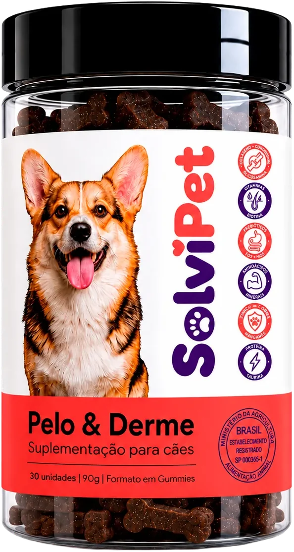 Pote de SolviPet Pelo e Derme com 30 gummies em formato de ossinho